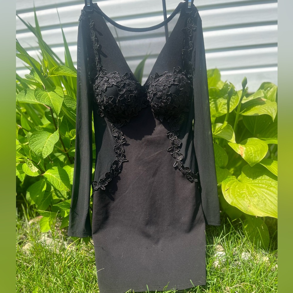 Black Lace Embroidered Cupped Chest Dress, Chest and Shoulder with Sheer Accent